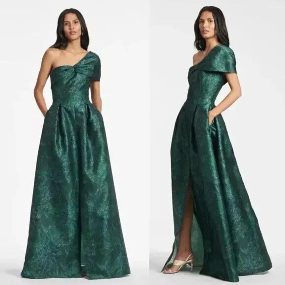 Sachin & Babi Delilah One Shoulder Mikado Gown Malachite Bouquet NEW $995